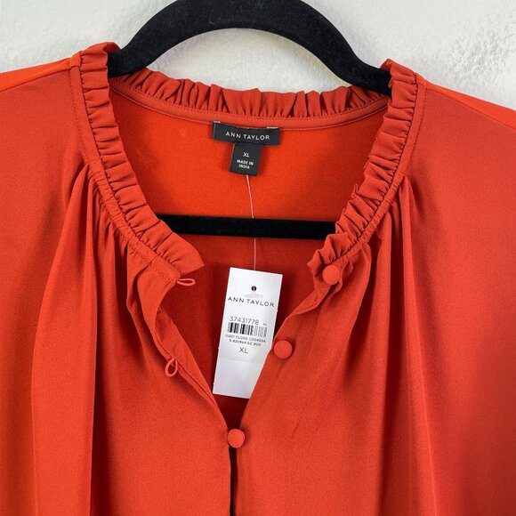 NEW ANN TAYLOR Womens XL Burnt Orange Button Up Ruffle Neck Blouse Shirt - Picture 9 of 12